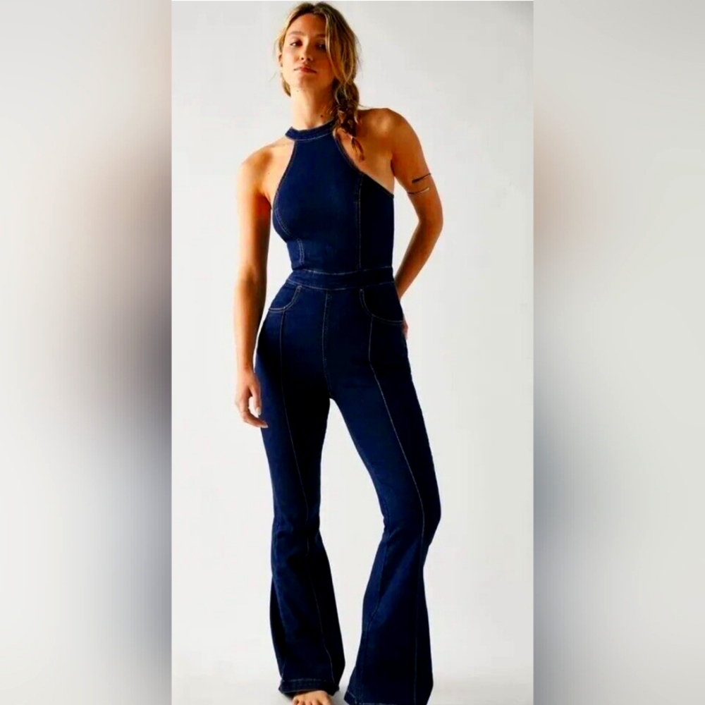 ********SOLD******* FREE PEOPLE CRVY SYDNEY DENIM HALTER JUMPSUIT - NEW